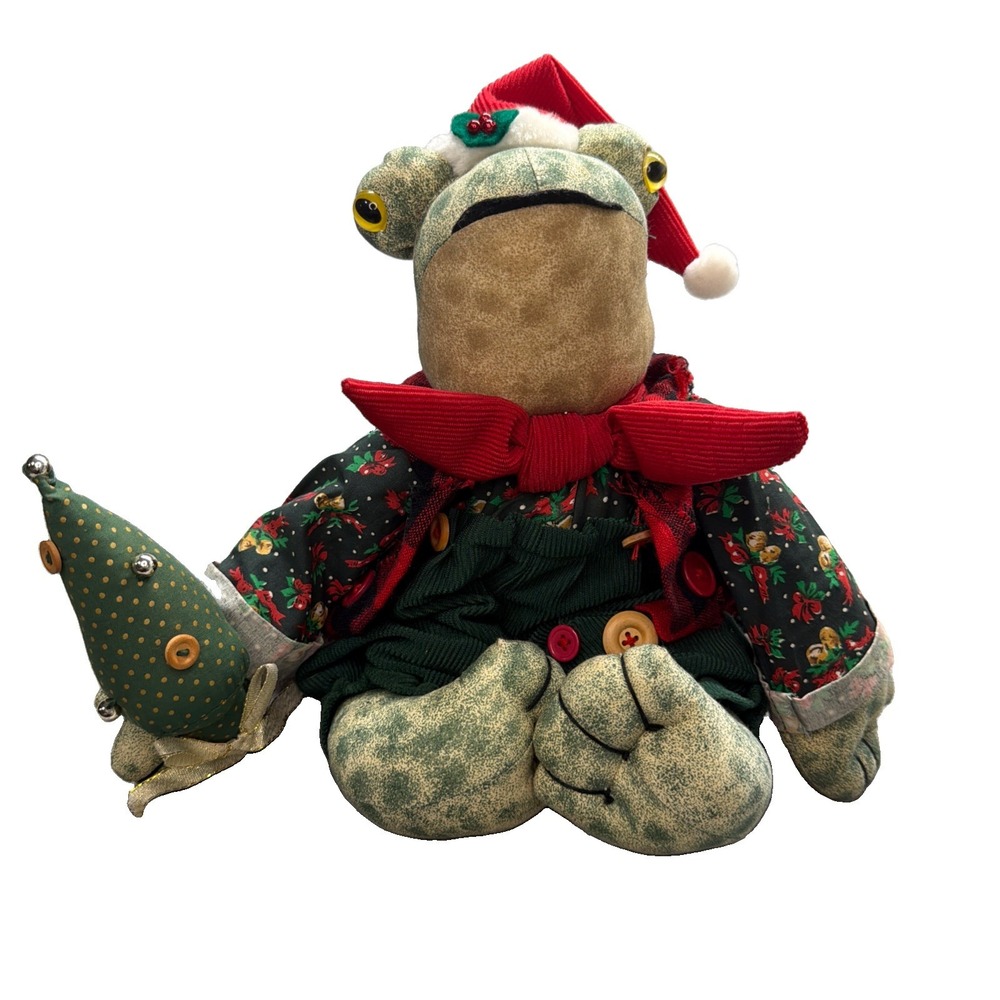 Avon 90s Vintage Christmas Frog Plush Shelf Sitter Santa Hat Untested Holiday